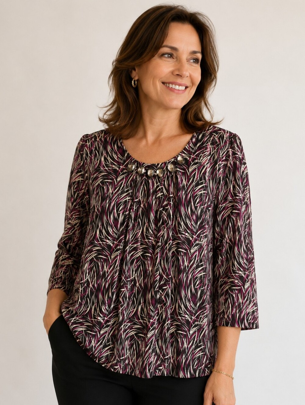 Tradition Printed Embellished Blouse,3/4 Sleeve Dressy Casual,Size Large